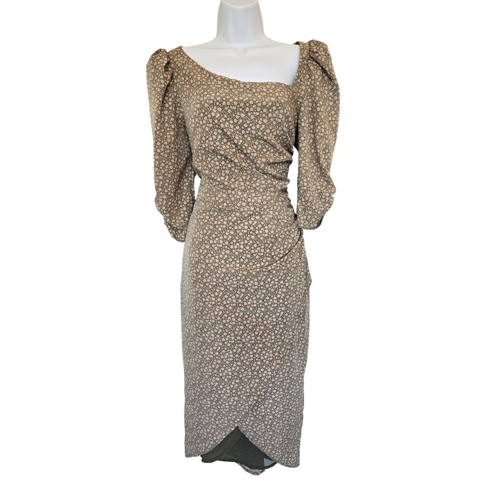 ASTR Green Floral Rushed Midi Dress Size M Cottagecore Romantic Puff Sleeve Chic - Picture 2 of 11